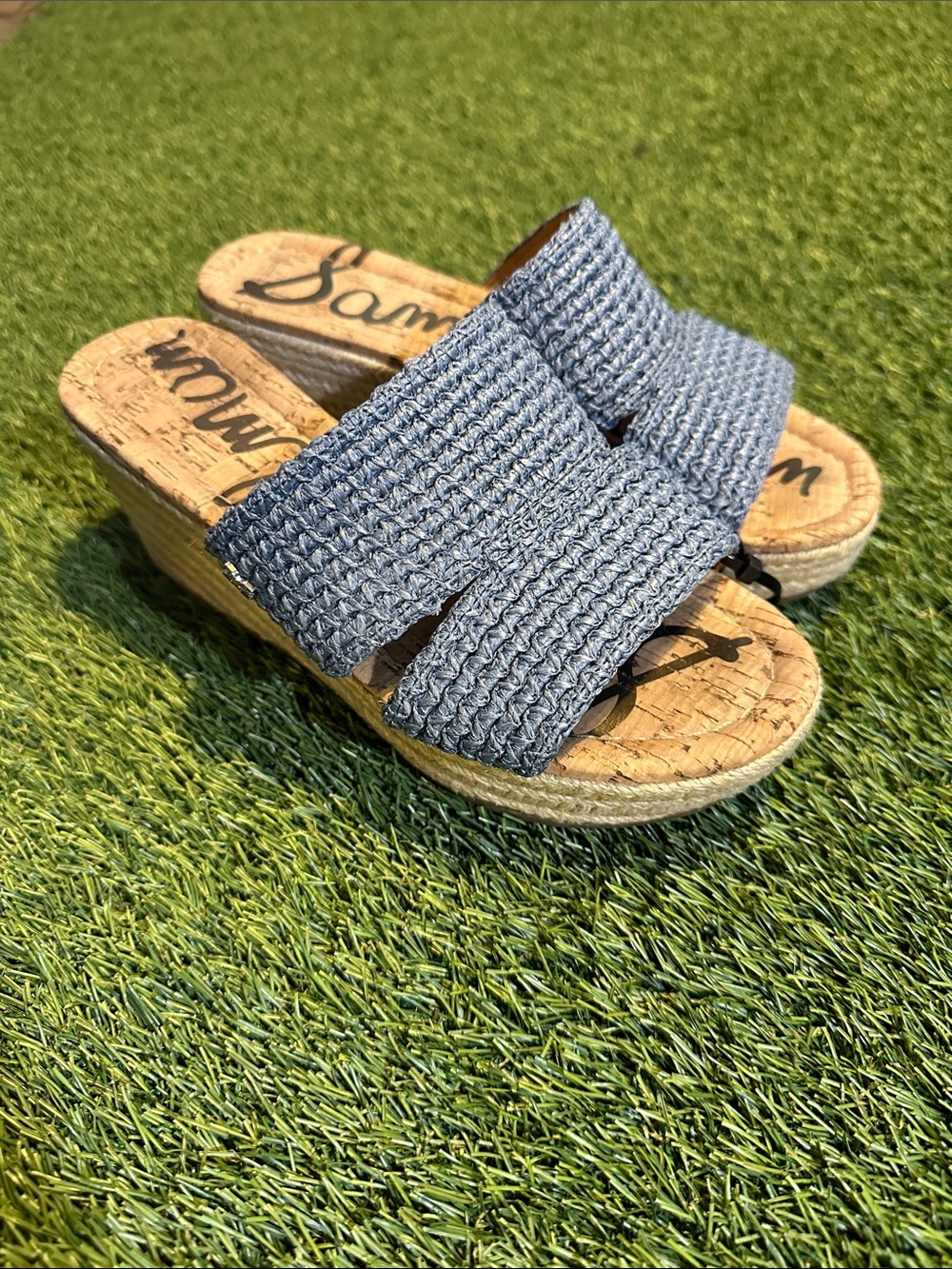 Sam Edelman Roxann Blue Woven Slide Wedge Cork Sandals Size 6.5